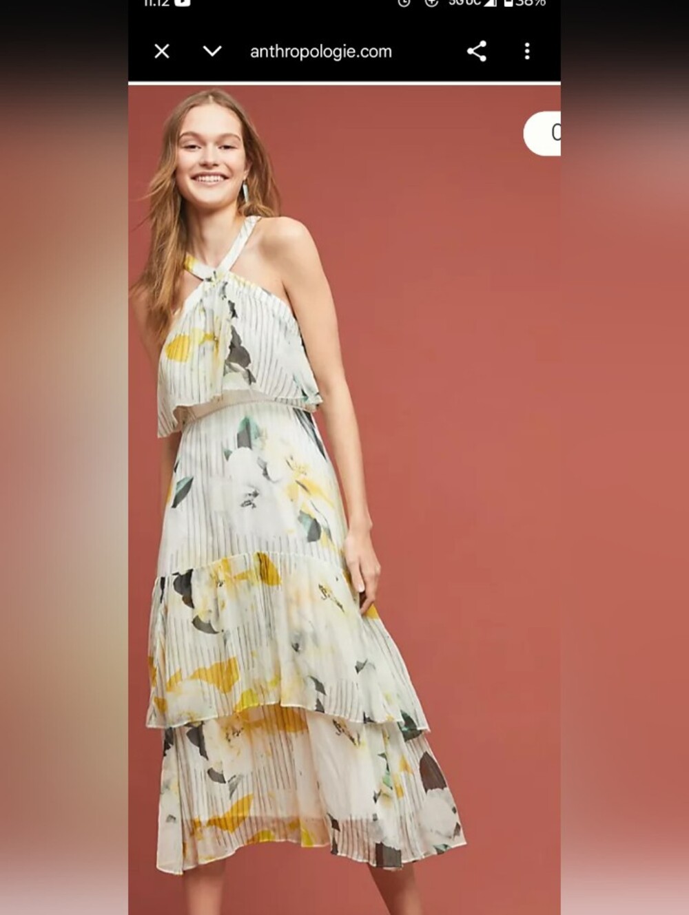 Anthropologie Pleated Halter Floral Maxi Dress in White, Yellow and Green